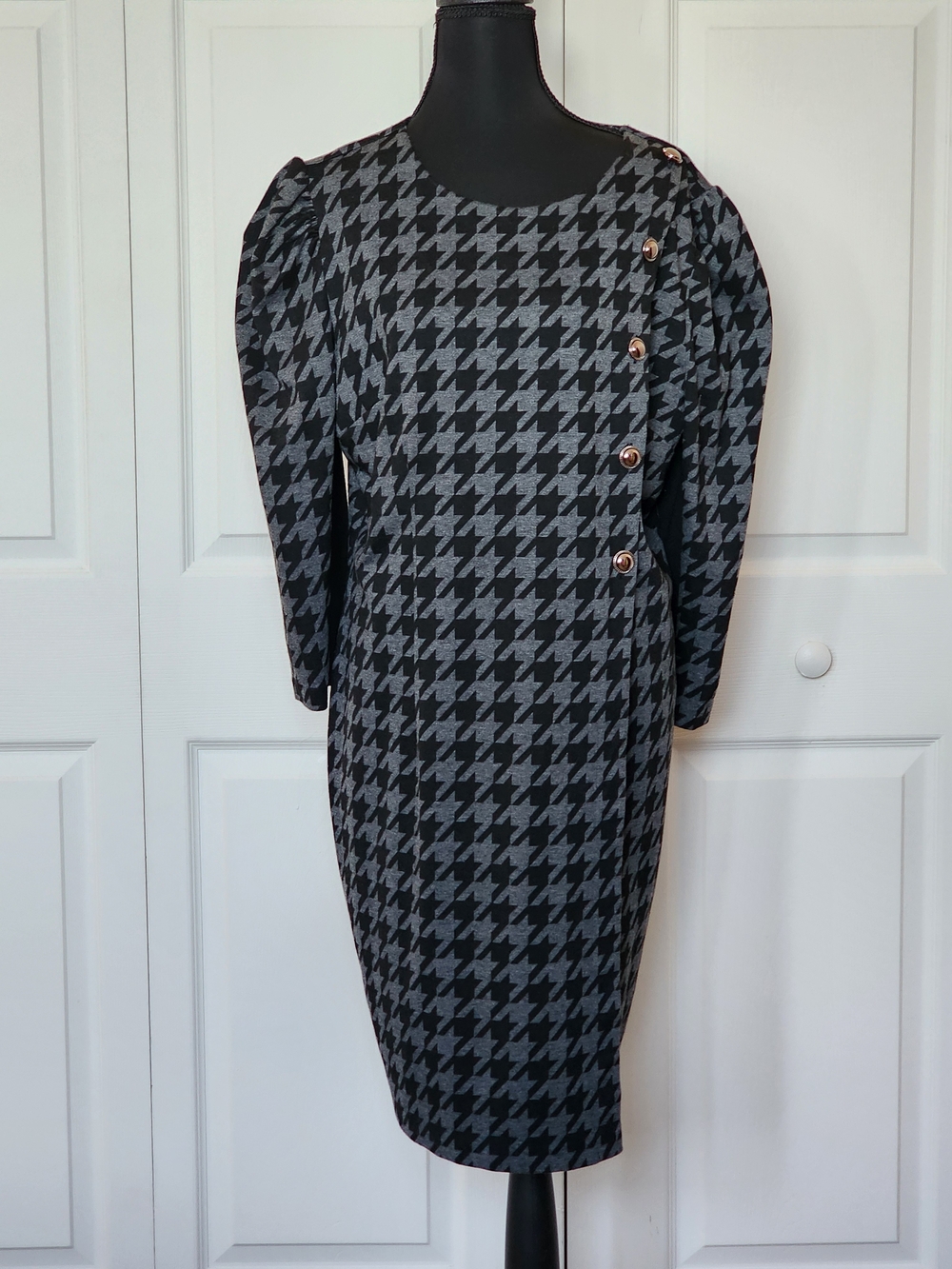 New York & Company Black and Gray Houndstooth Midi Dress with Button Accent